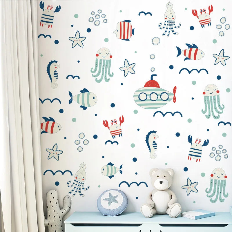 Home Decor Stickers Marine Animal Cartoon Submarine for Kids' Room Self Adhesive Biological Wall Decals