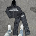 Custom Applique Embroidery Patches 100% Cotton Flared Sweatpants Acid Wash Vintage Zipper Hoodies Sweatsuit Jogger Set Mens