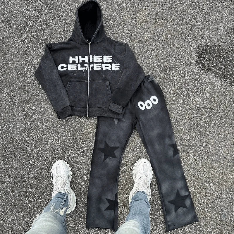 Custom Applique Embroidery Patches 100% Cotton Flared Sweatpants Acid Wash Vintage Zipper Hoodies Sweatsuit Jogger Set Mens