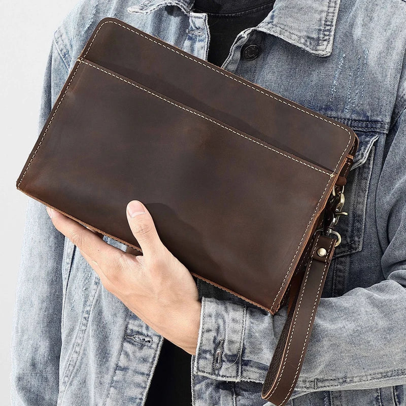 Wholesale Customized Vintage Brown Phone Wallets Purse Full Grain Crazy Horse Genuine Leather Cowhide Men Clutch Bag