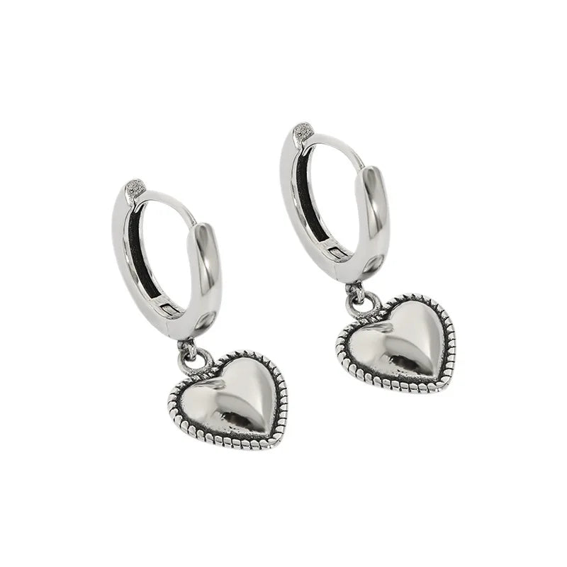 Niche Design Sense Retro Worn Beaded Side Earrings Jewelry Smooth Heart Texture S925 Sterling Silver Earrings for Women