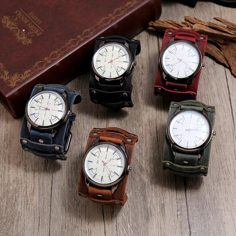 New Arrival Personality Cowhide Watch Bracelet Adjustable Punk Style Leather Vintage Watch for Men and Women