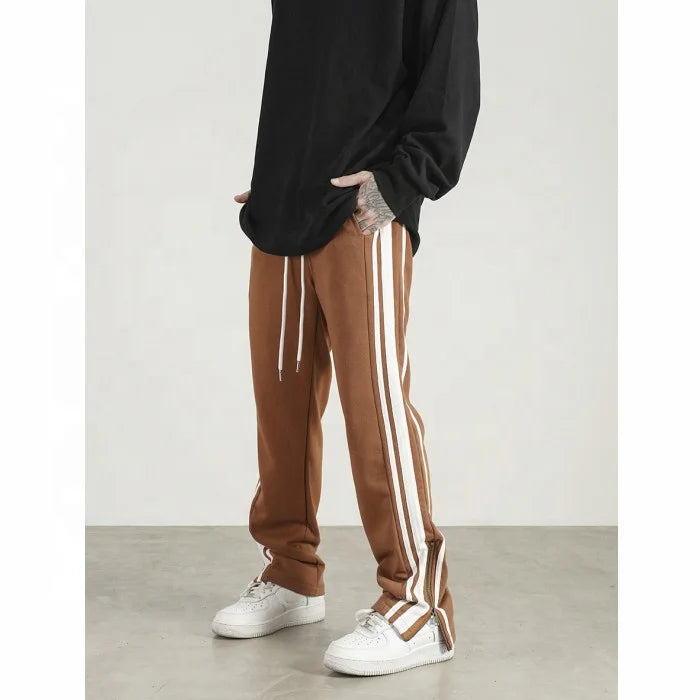 OEM Latest New Design Trousers for Men Street Wear Stock Cotton Flared Men Stripe Track Zipper Pants