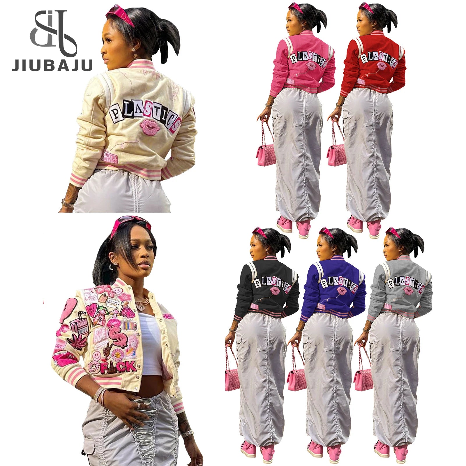 In Stock 2023 Spring Summer Women Fashion Clothing Baseball Women Spring "Plastic" Print Coats Jackets Varsity Jacket