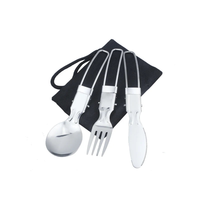 SS304 Folding Travel Cutlery Set Mirror Polished Picnic Utensil with Spoon Fork Knife Chopsticks and Pouch for Camping