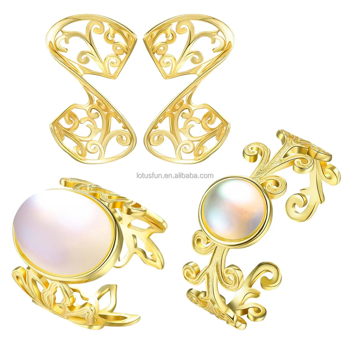 Lotus Fun Luxury Flexible Classic Leaf Moonstone Ring Real 925 Sterling Silver 18k Gold Plated Fine Jewelry Set for Women