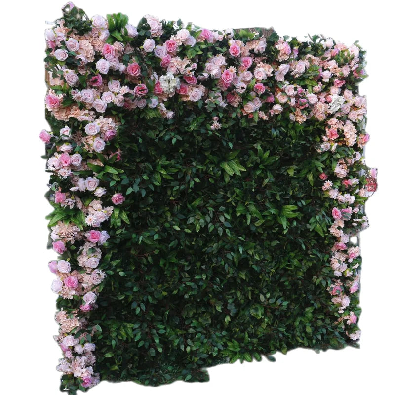 New Arrivals Cloth Back Artificial Silk Flower Wall Roll up Green Plants Wall Background for Decor