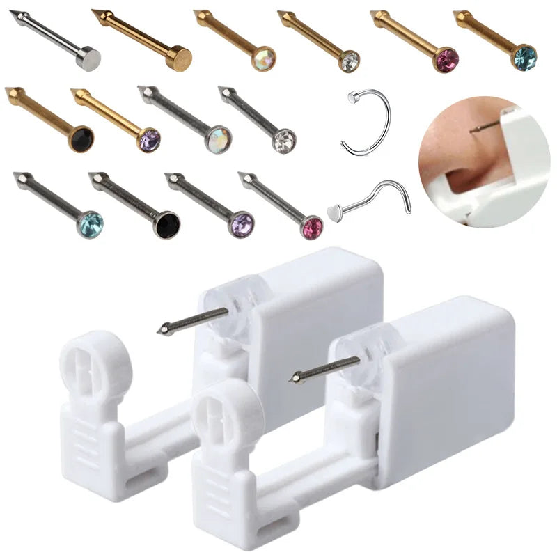 Disposable Sterile Nose Stud Piercing Gun Tool Kit Build in Surgical Steel 2mm CZ Stud