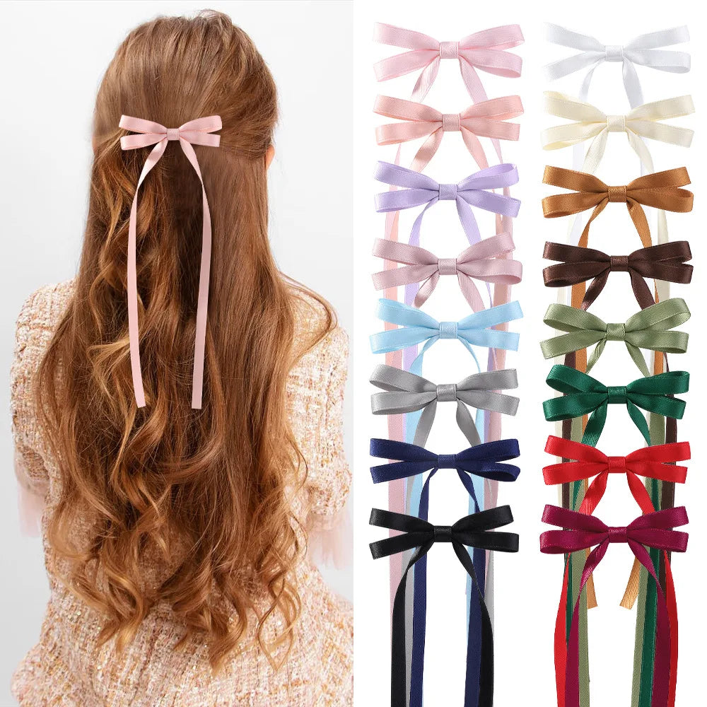 KUACHI Hot Solid Color Tassel Hair Bows Girls Hair Clips Sweet Cute Candy Color Wholesale Women Satin Hair Bow Clips