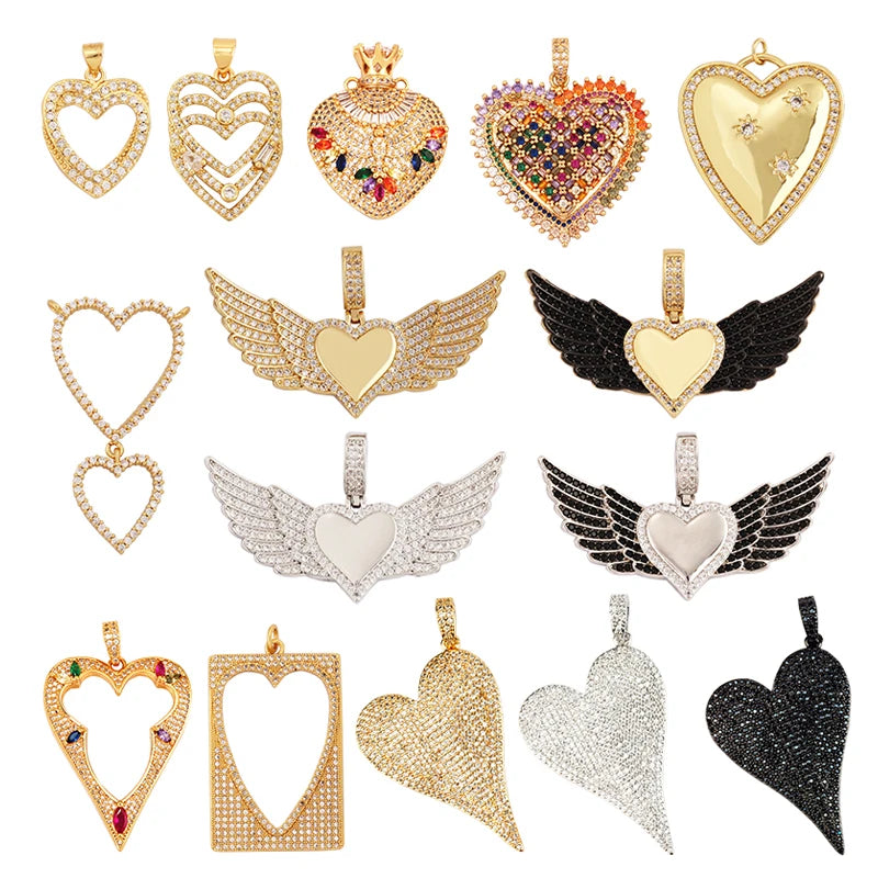 Classics Love Heart Zircon Focal Charm PendantCreative Angel Wings 18K Real Gold Plated Jewelry Findings Accessories Supply L27