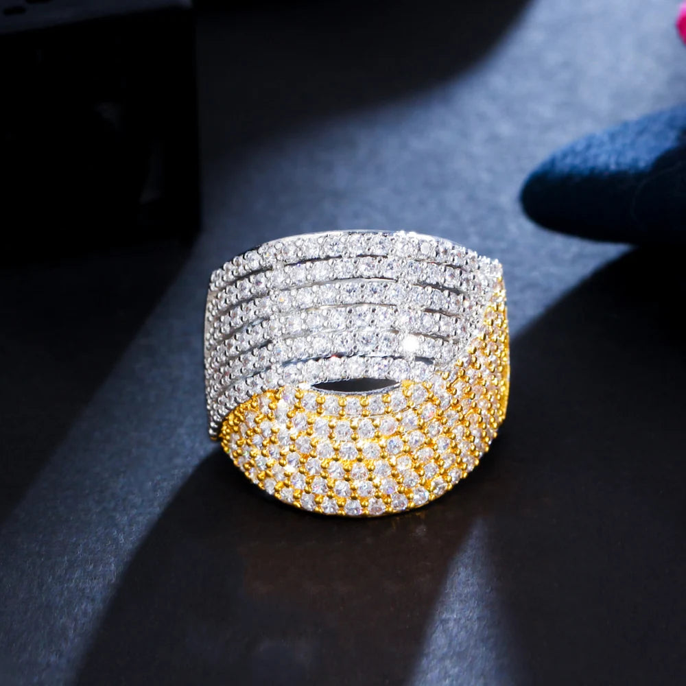 Two Tones White Gold Plated Twist Line Cubic Zirconia Crystal Wide Big Statement Open Adjustable Ring for Wedding Women Jewelry