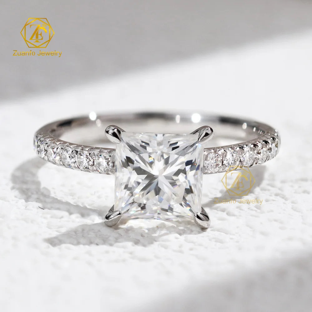 Fine Jewelry 14K Solid Gold 1CT 6*6mm Princess Cut Diamond Halo Moissanite Engagement Wedding Ring for Women