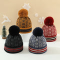 Fall Winter Knitted Beanie Hat Bohemian Style Warm Striped Pattern Pompom Decor Cuff Jacquard Beanie Hat
