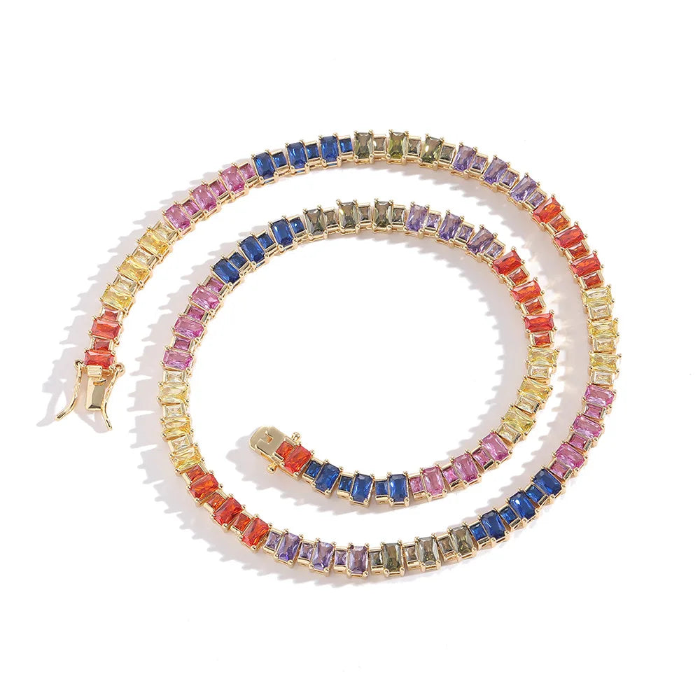 Large Small Mixed Ladder Square Zircon Iced Hip Hop Handcrafted Multi Color Rainbow Unique Design Colorful Tennis Necklace Gold