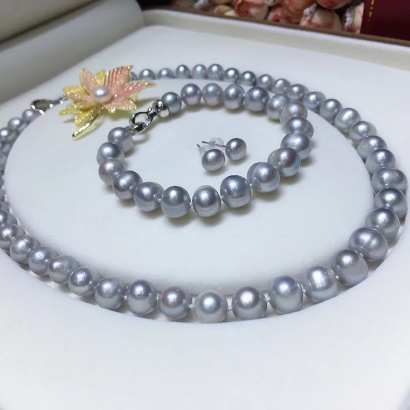 Simple Design Women 8-9 MM Grey Natural Freshwater Pearl Beaded Necklace Earrings Ring 3 PCS Jewelry Set