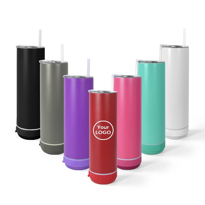 Custom Outdoor Insulation Vacuum 20oz Straight Travel Coffee Mug Music Cup Smart Wireless Speaker Tumbler with Lid USB Charger