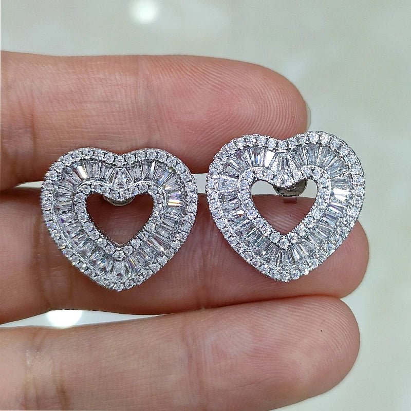 24mm Baguette Hollow Heart Earrings Ear Stud D Vvs White Moissanite Stone Earring Earrings for Jewelry Woman Gift