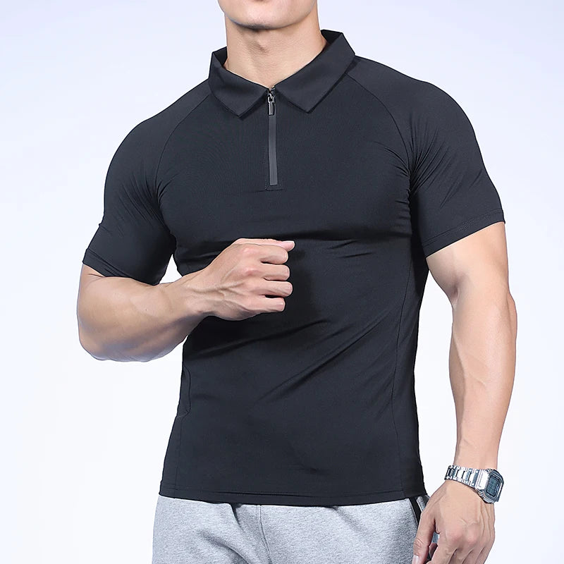 Gym Fitness Men Quick Dry Polo Shirt Customs logo Quarter Zipper Mens Polo Solid Color Casual Mens Polo Shirts