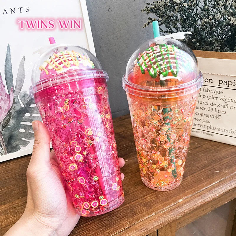 Summer Double Wall Donut Shaped Crystal Water Bottle 400ml Crushed Ice Interlayer Multi Color Optional Best Summer Drinking Cup