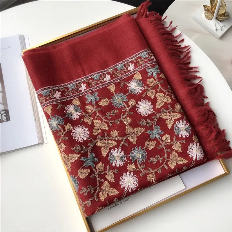 Winter New Nepali Style Imitation  Cashmere Retro Embroidered Floral Ethnic  Scarf Large Size Shawl Warm Thick Ladies  Wraps