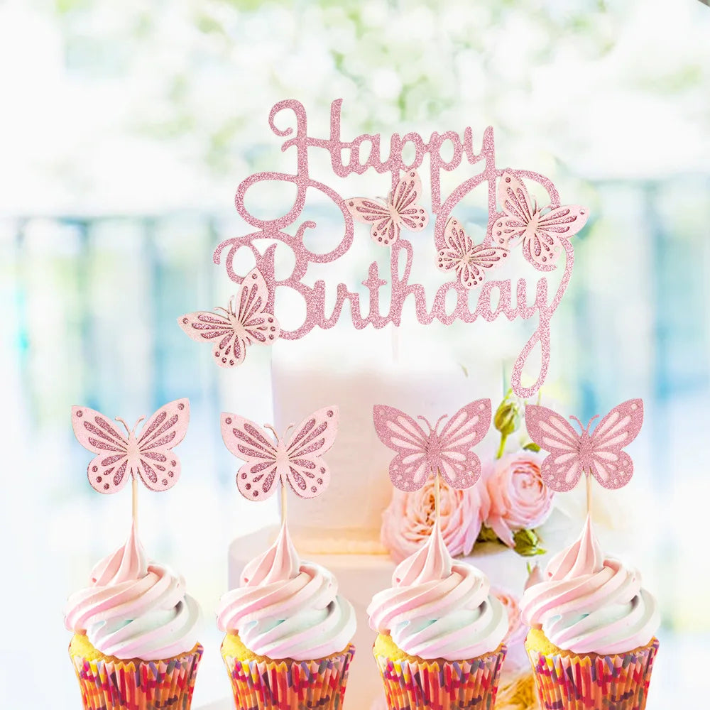 Happy Birthday Cake Topper Butterfly Cake Toppers Double Sided Glitter Rose Gold for Girls Woman's Wedding Birthday Party Decor