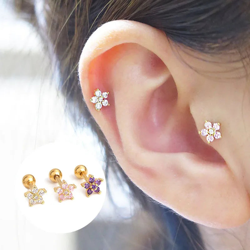 Flower Micro CZ Paved Orecchini Donna Stainless Steel Gold Barbell Cartilage Helix Tragus Promare Earrings Rook Piercing Jewelry