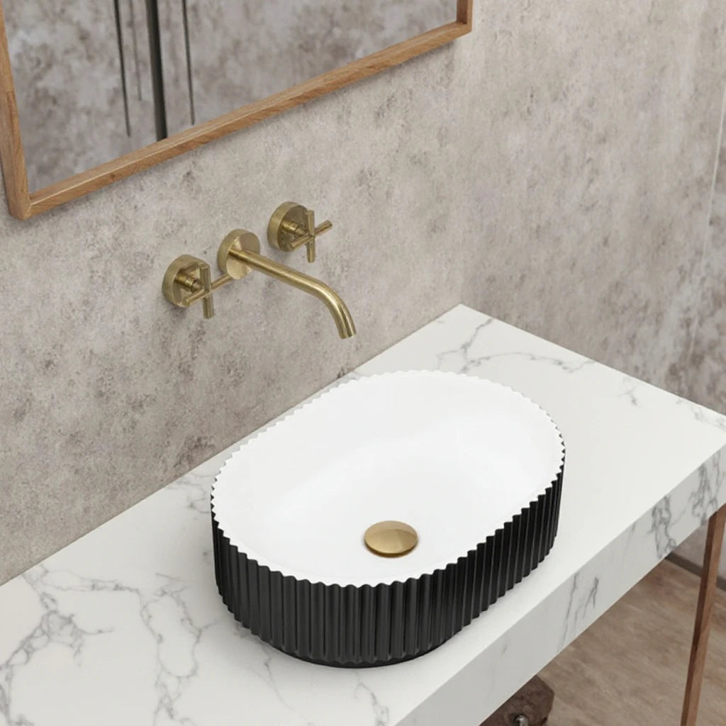 New Design White Black Green Blue Oval Fluted Shape Countertop Artificial Stone Basin Lavabo Bathroom Hand Face Wash Sink