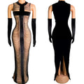 Sexy Rhinestone Prom Maxi Dress With Glove Formal Bodycon Night Club Party Dress Women Fringes Diamonds Banquet Evening Dresses