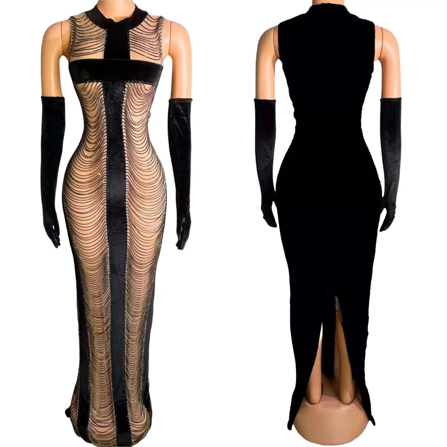 Sexy Rhinestone Prom Maxi Dress With Glove Formal Bodycon Night Club Party Dress Women Fringes Diamonds Banquet Evening Dresses