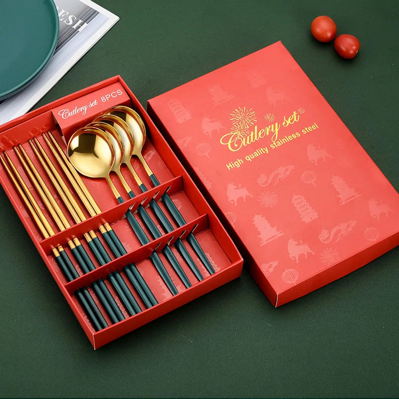 Wholesale Modern Korean Design Eco-Friendly Reusable Stainless Steel Flatware Set Custom Logo With Paper Gift Box