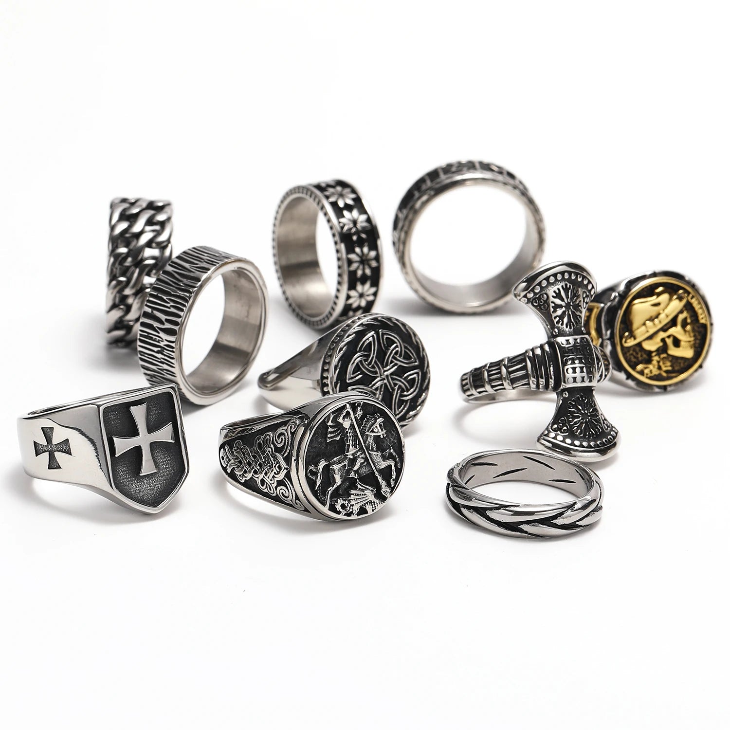 Norse Mythological Runes Woven Nets Textures Cross George Portrait Roman Skeleton Celtic Knot Rings Stainless Steel