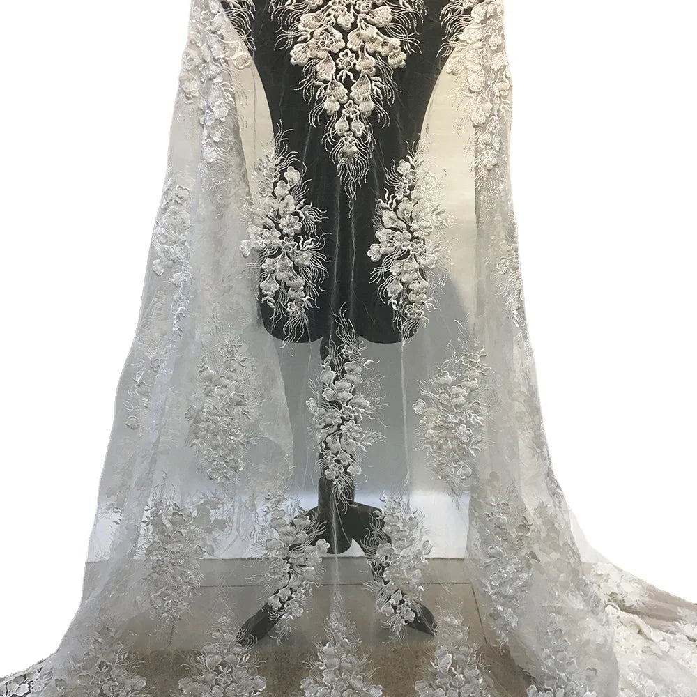 Latest Fashion Sequins Wedding Lace Fabric Ivory White Elegant Beaded Laces Fabrics for Dresses