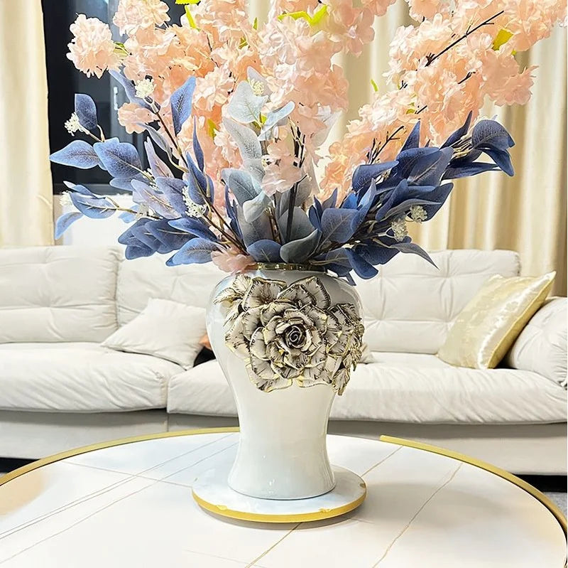 Ceramic Gold Flower Jar Decoration Luxury Nordic White Vase Home Decor High Quality Decorative Jar
