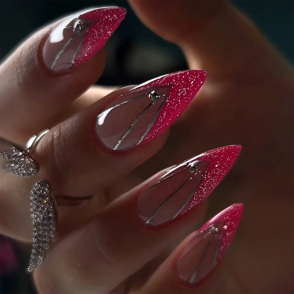 24 Pcs French V-shaped Red Dotted Rhinestone Glitter Short Almond Art Acrylic Press on Nails Artificial Fingernails 3553