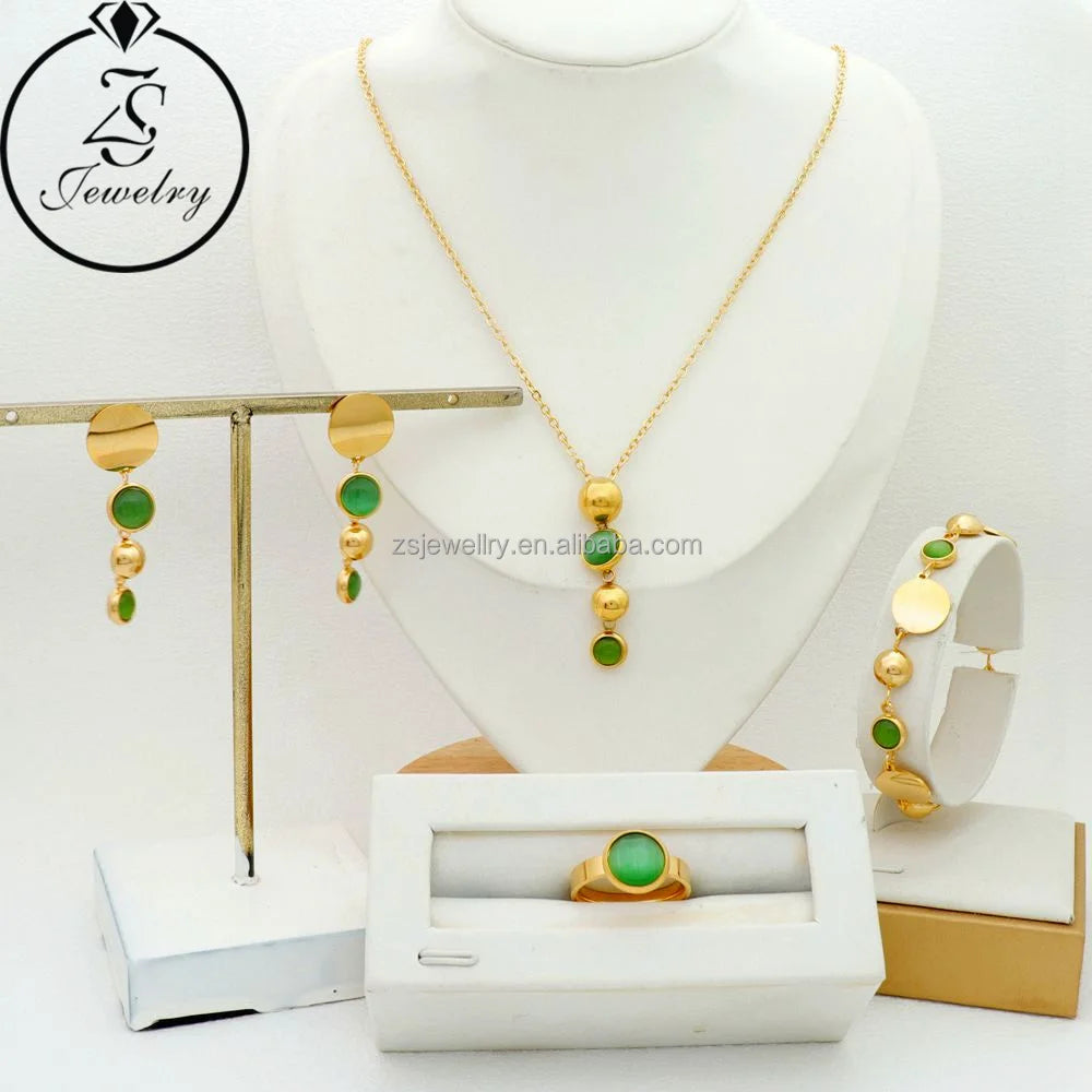 Earrings Engagement Gold Plated Bamboo Green Stone Stainless Steel Women Girl Gift Bling Sequins Africa Dubai Jewelry Sets