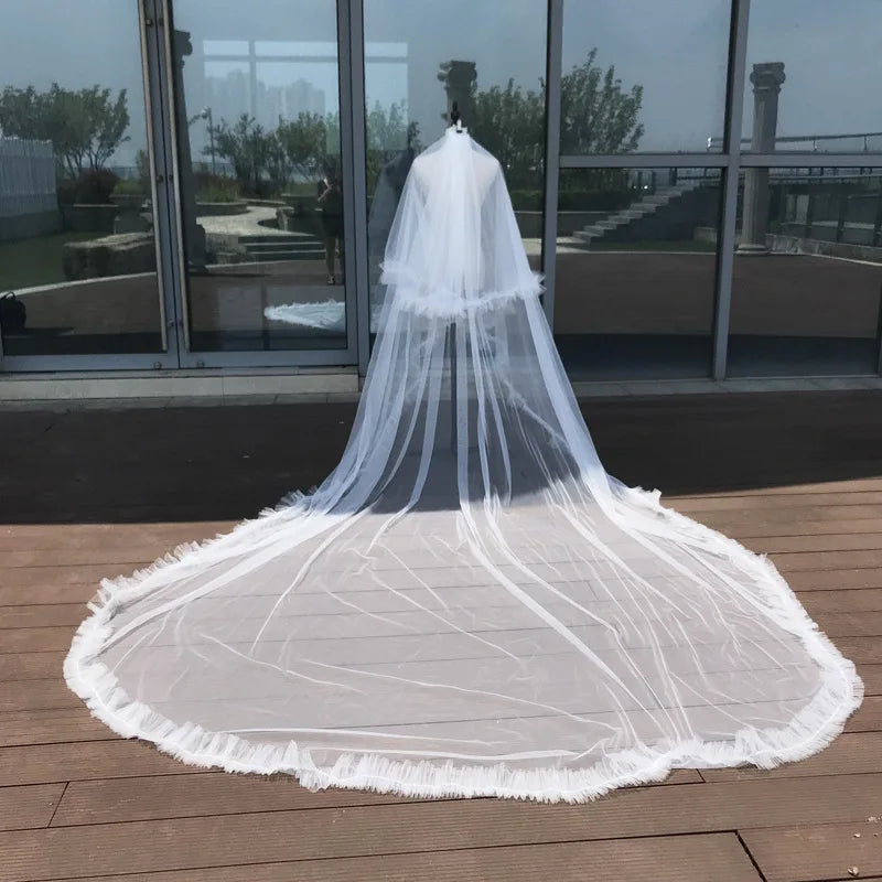 Custom Length Ivory White 4m Long 3m Wide Double-Layer Bride Wedding Veil Soft Yarn Trailing Comb Long Hemmed Bridal Veil