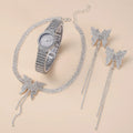 Luxury Full Crystal Butterfly Jewelry Gift Watch Set Classic White Gold Necklace Earrings Watch Set for Women Wedding