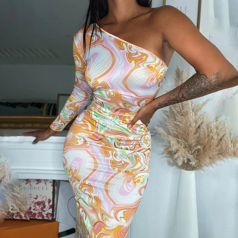 High Stretch Women Printed Bodycon Midi Dress Women Casual One Shoulder Long Sleeve Dress
