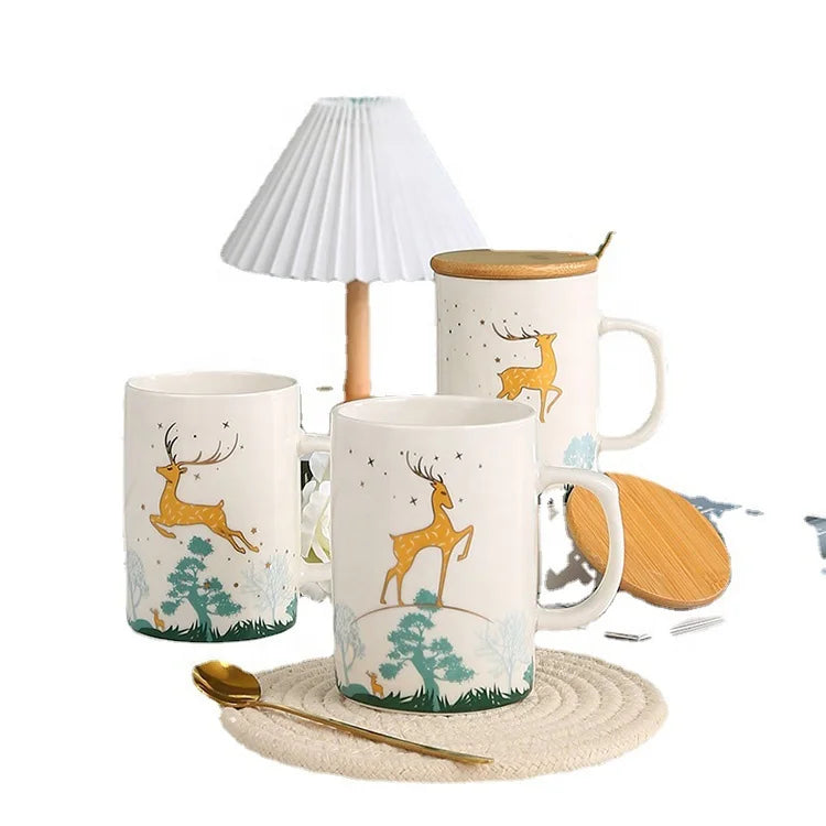 Custom Printed Deer Ceramics Coffee Mugs Business Gift Box Set with Lid and Spoon