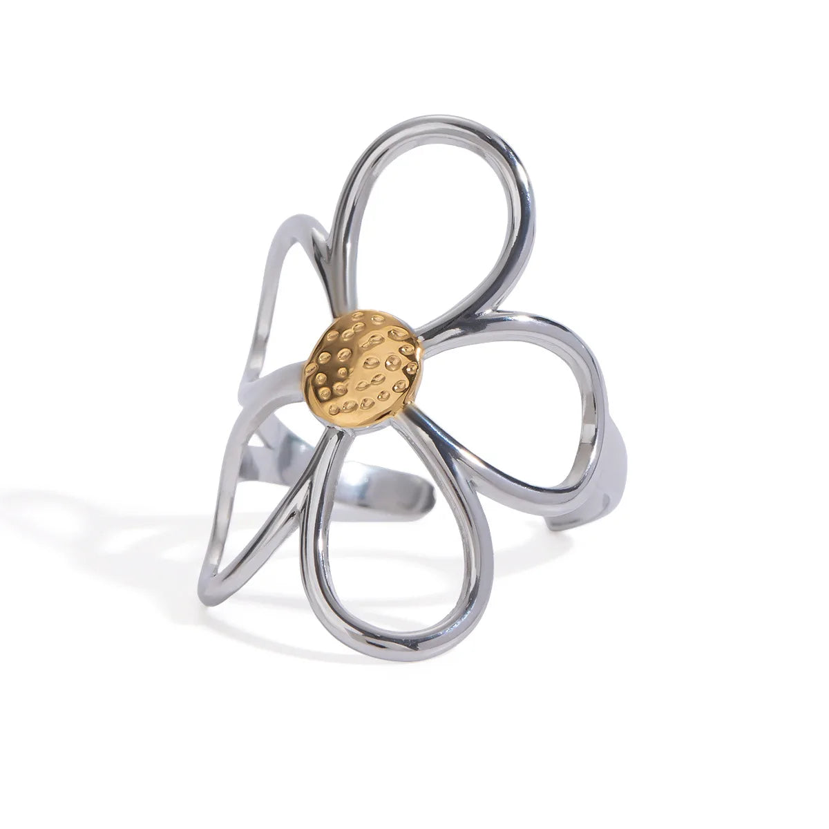N&S Vintage  Adjustable Open Ring 18K Gold Stainless Steel with Hollow Flower Design for Engagement in Gold and Silver  Two Tone