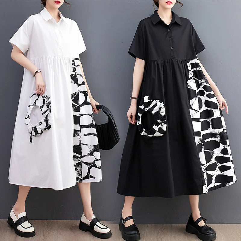 One Size Summer New Art Print Splice Fashion Casual Shirt Skirt Dress