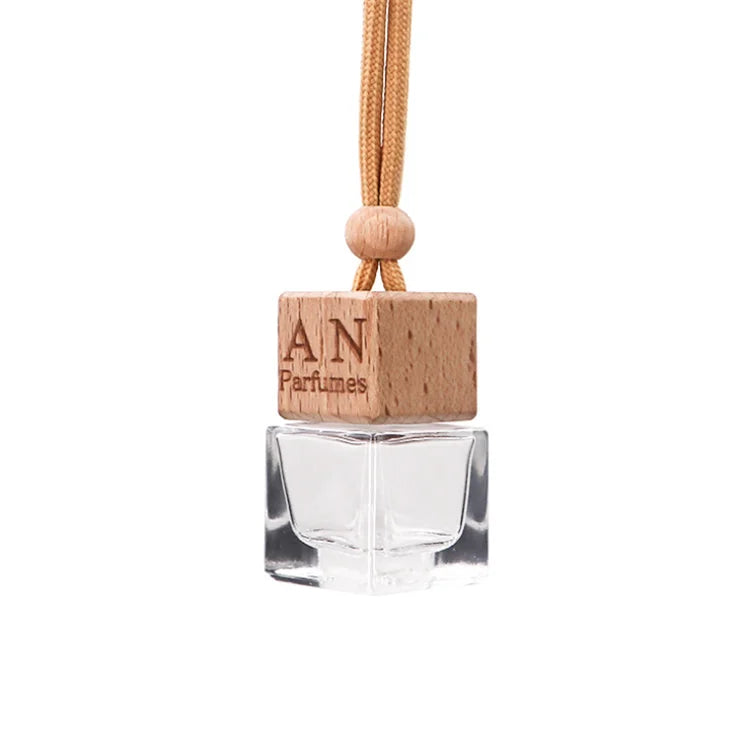 Custom Logo 8ml Car Hanging Diffuser Aroma Oil Glass Perfume Bottle Square Car Diffuser Bottle With Wooden Cap And Rope