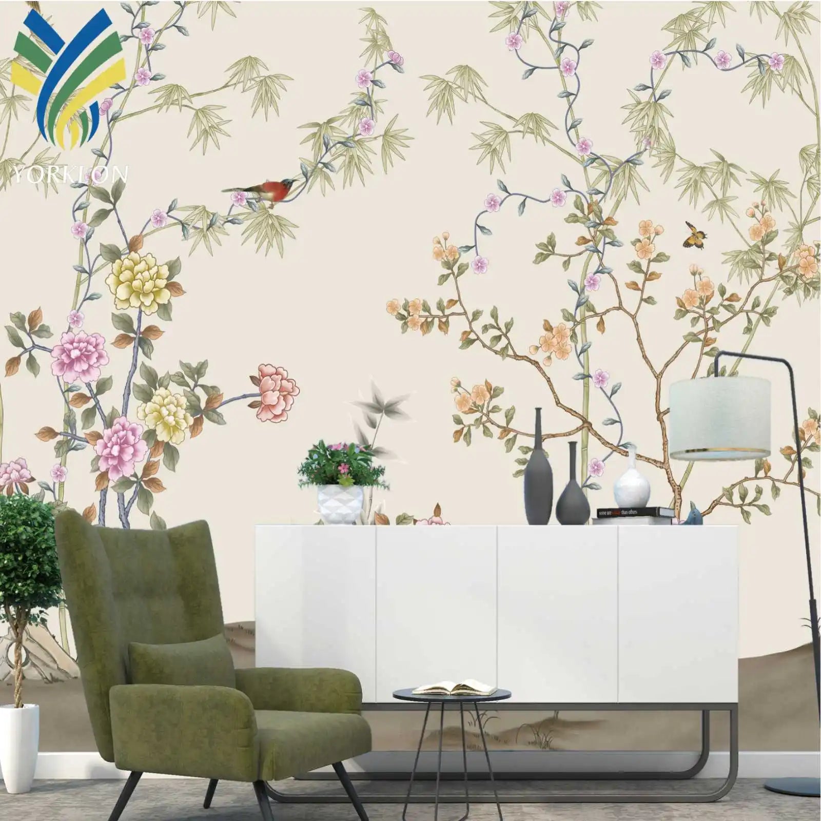 YKML 152 Custom Modern 3D Gold Bird and Flower Mural Wallpaper Waterproof Anti-Static for Wall Decoration Botanical Pattern