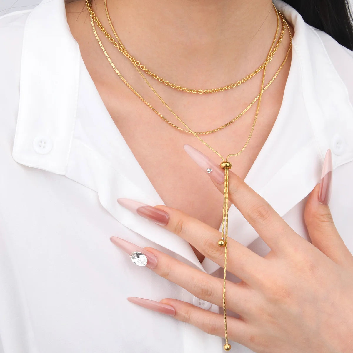 Chris April in Stock PVD Gold Plated 316L Stainless Steel Minimalist Adjustable Drawstring Snake Chain Necklace for Women