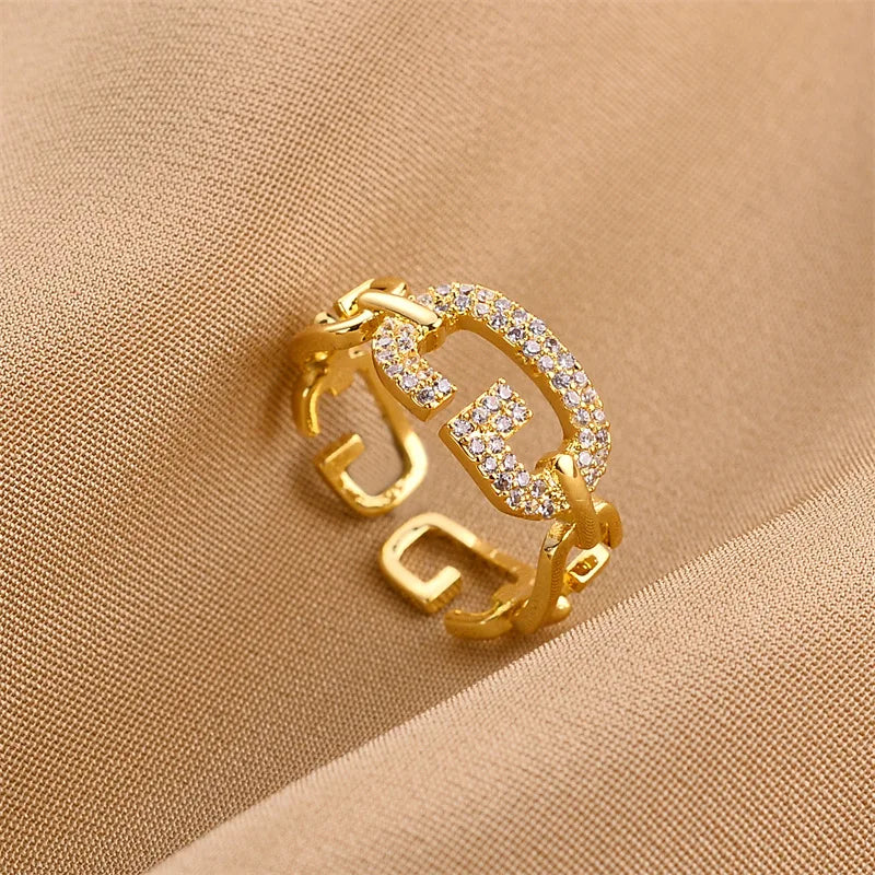 Gold Plated Hollow Women Rings Simple Adjustable  Inlaid Zircon Initial G Rings