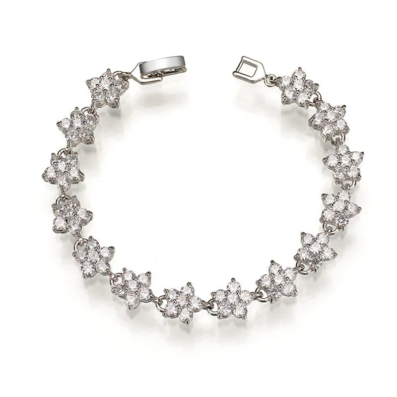 Sterling Silver Big Flower Filled Cubic Zirconia Statement Bracelet Wedding Bridal Cubic Zirconia CZ Crystal Tennis Bracelet