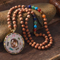 Mineral Stone 7 Chakra Mala Necklace with Wooden Beads and Tourmaline Pendant Designer Yoga Jewelry for Healing Gift