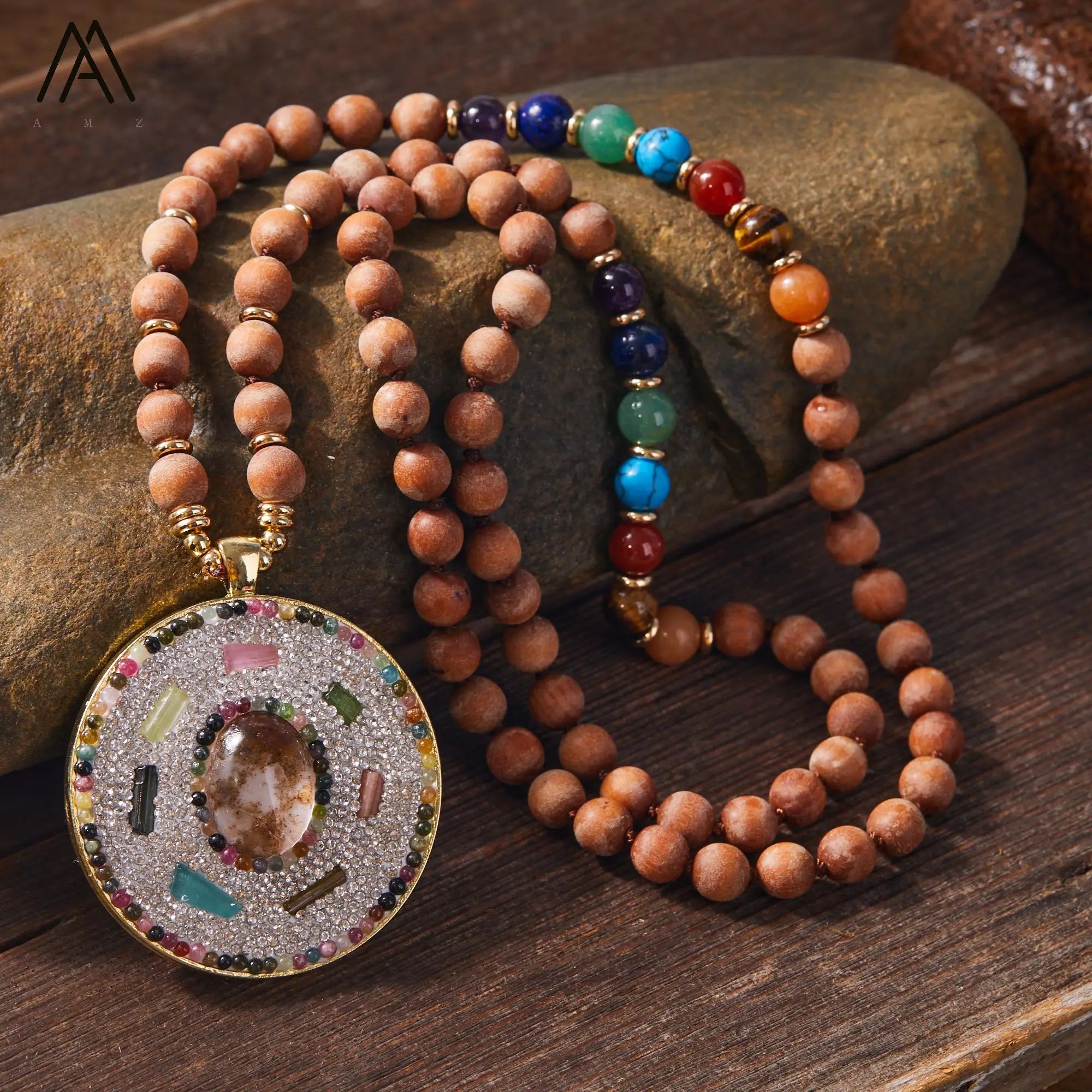 Mineral Stone 7 Chakra Mala Necklace with Wooden Beads and Tourmaline Pendant Designer Yoga Jewelry for Healing Gift