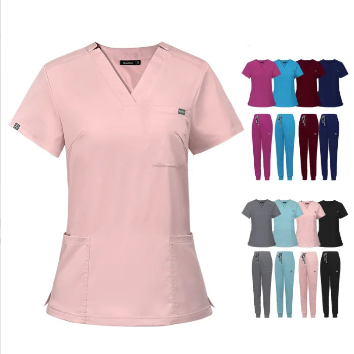 Men Women Custom logo v Neck Nurse Uniforms Sets Doctor Nurses Dental Hospital Uniform Sets Top Jogger Pants Scrubs Suits
