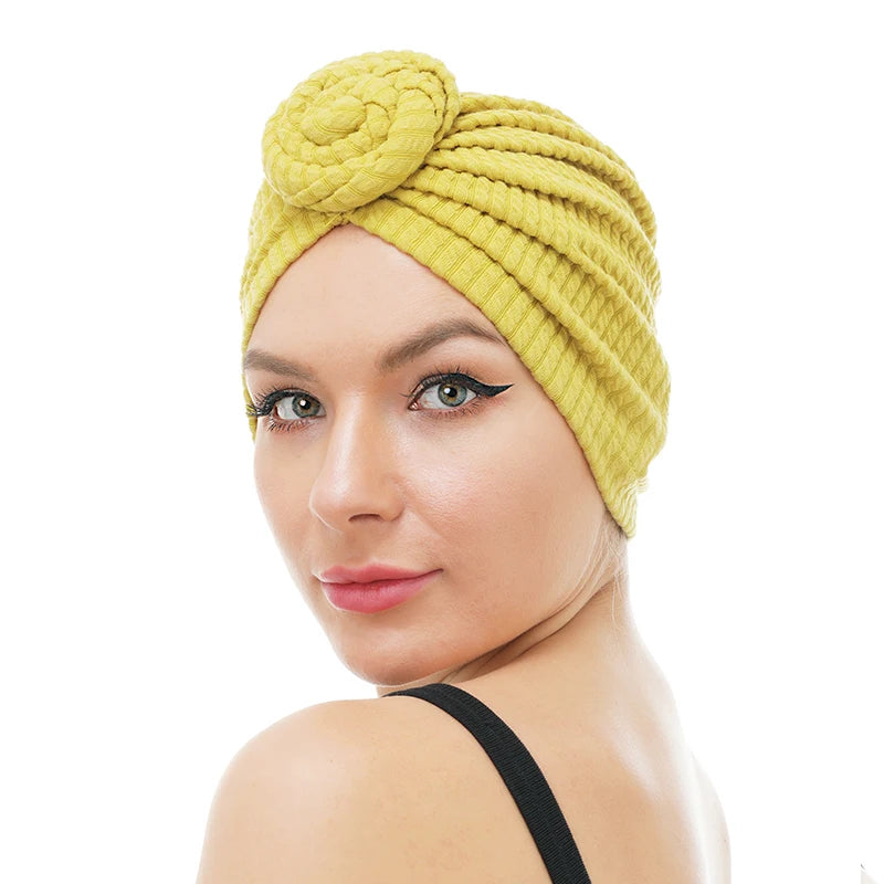 Wholesale Custom Logo Hair Accessories Cotton Ruffle Turban Hat Muslim Pre-tied Knot Headwraps Turbans for Women